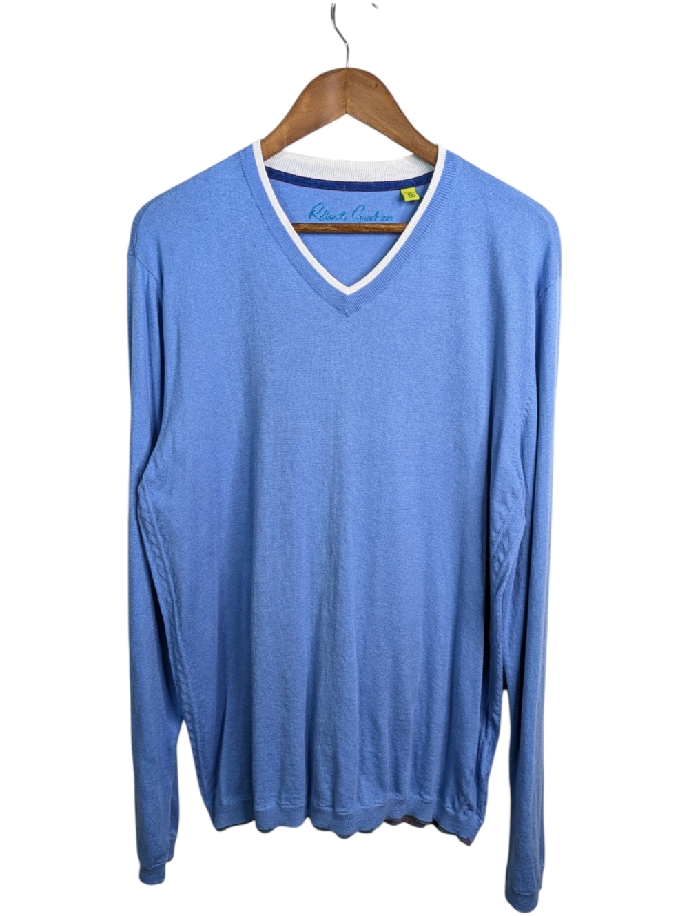 Robert Graham Cotton Silk Cashmere Sweater XL Blue V Neck Lightweight Pullover